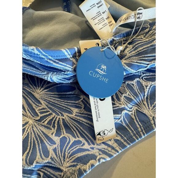 CUPSHE Bikini Bottom Size Medium High Cut Textured Floral Blue White Swim Resort - Picture 4 of 7